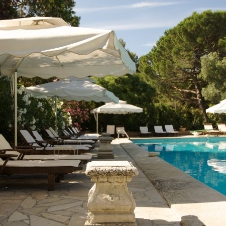 Piscine d'hôtel bordée de parasols et de pins